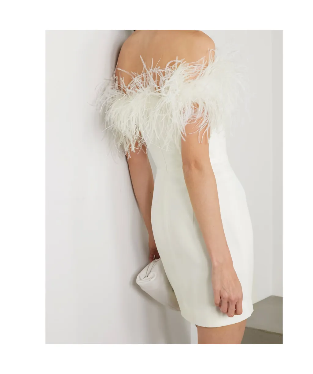 Ava Off-The-Shoulder Feather-Trimmed Crepe Mini Dress