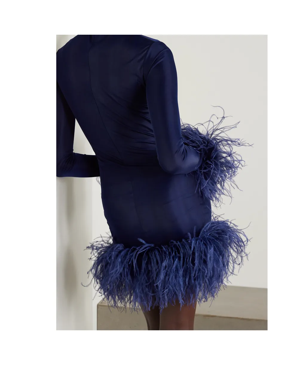 Luna Feather-Trimmed Stretch-Jersey Turtleneck Mini Dress
