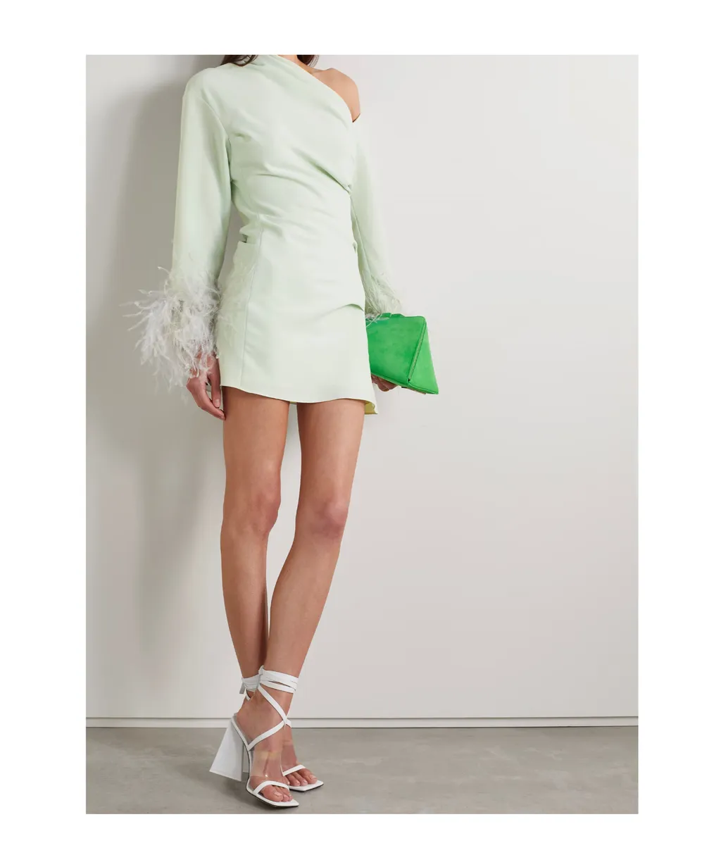 Adelaide One-Shoulder Feather-Trimmed Crepe Mini Dress