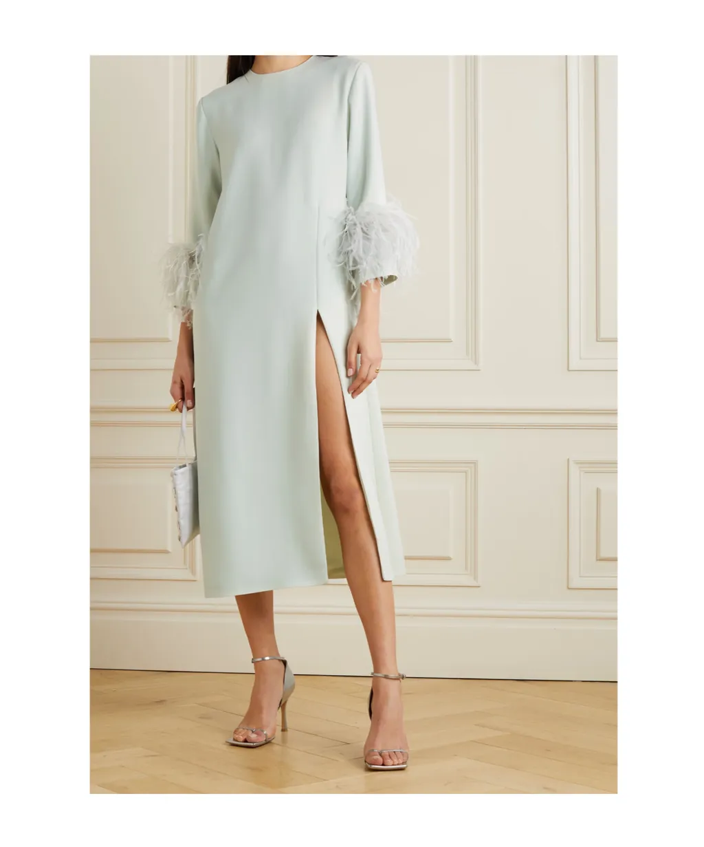 Billie Feather-Trimmed Crepe Midi Dress