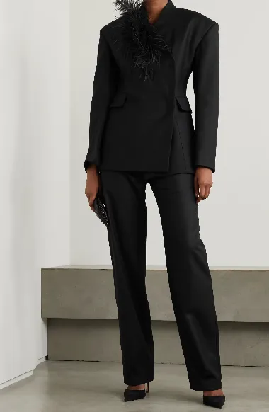 Feather-Trimmed Twill Suit Jacket