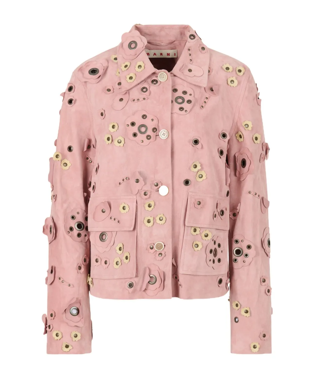 Pink Suede Jacket With Flower AppliquÉS