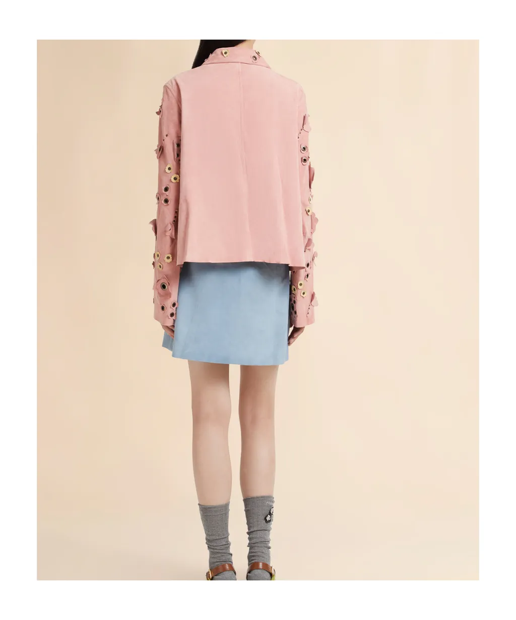 Pink Suede Jacket With Flower AppliquÉS