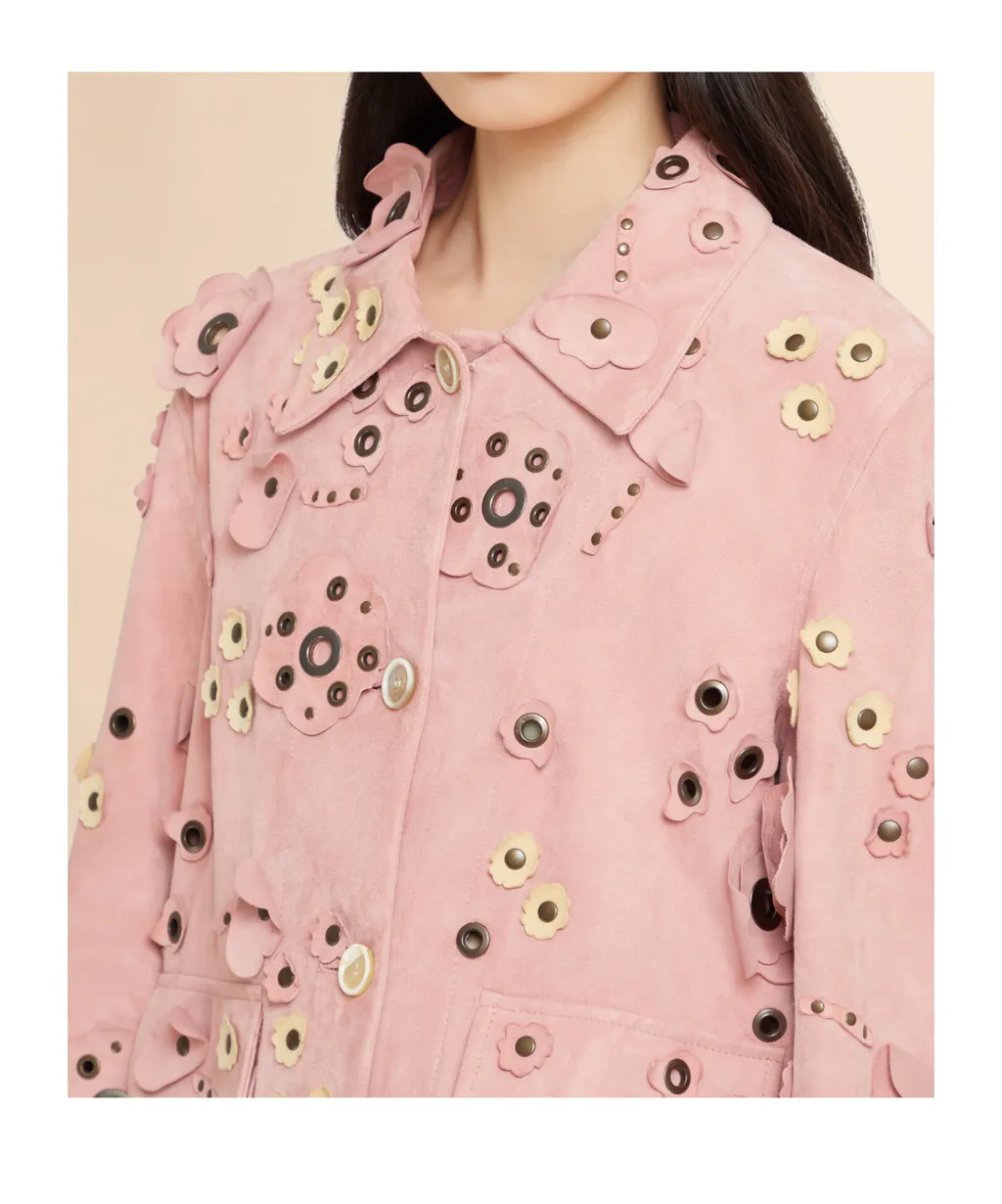 Pink Suede Jacket With Flower AppliquÉS