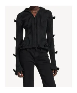 Fitted Bow Zip Hooded Sweater