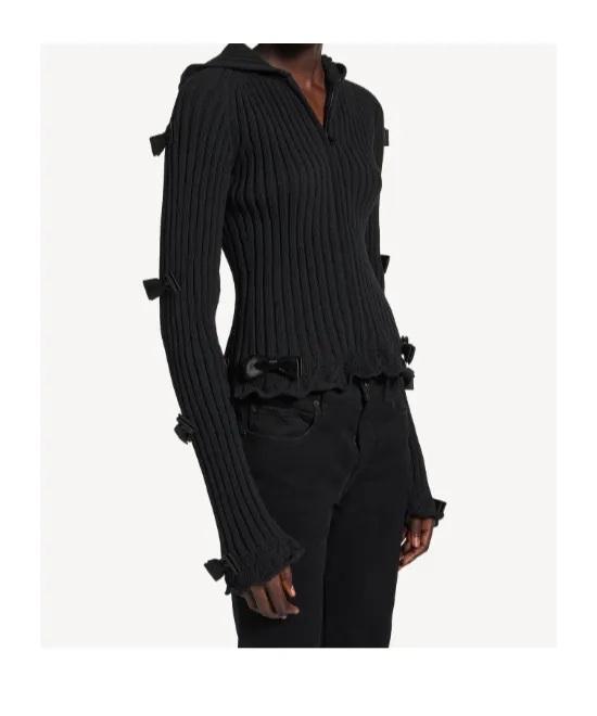 Fitted Bow Zip Hooded Sweater