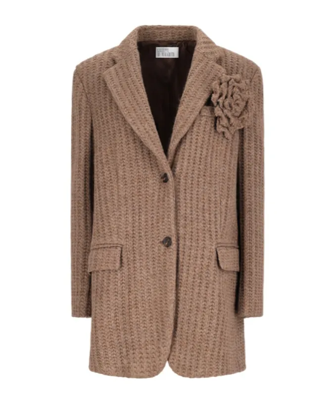 Rose-Embellished Ribbed Blazer