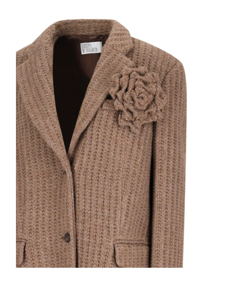 Rose-Embellished Ribbed Blazer