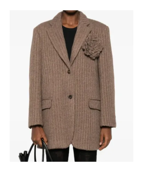 Rose-Embellished Ribbed Blazer