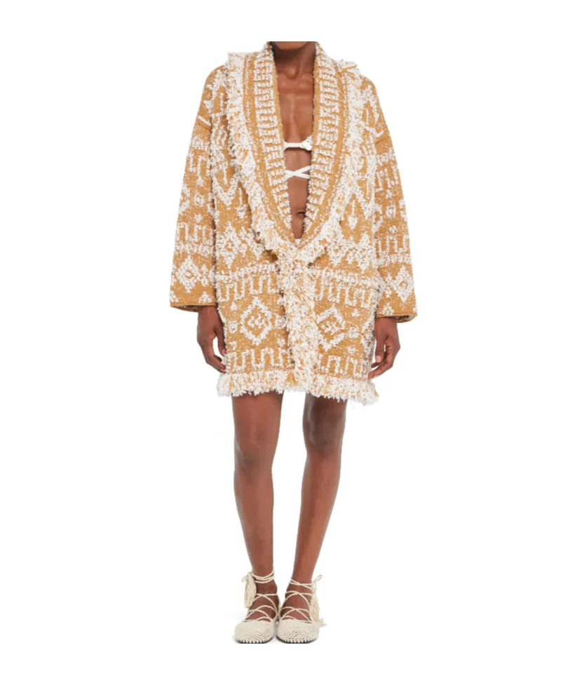 Send Beat Geometric-Pattern Fringed Cardi-Coat