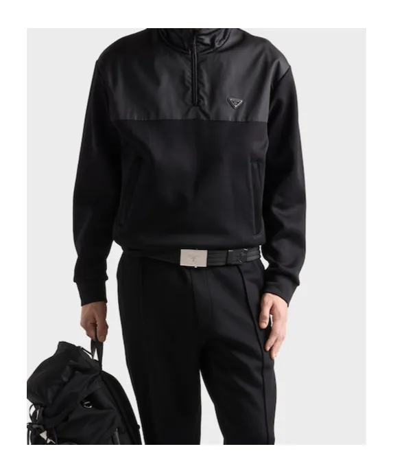 Cotton Fleece Half-Zipper Sweatshirt With Re-Nylon Details