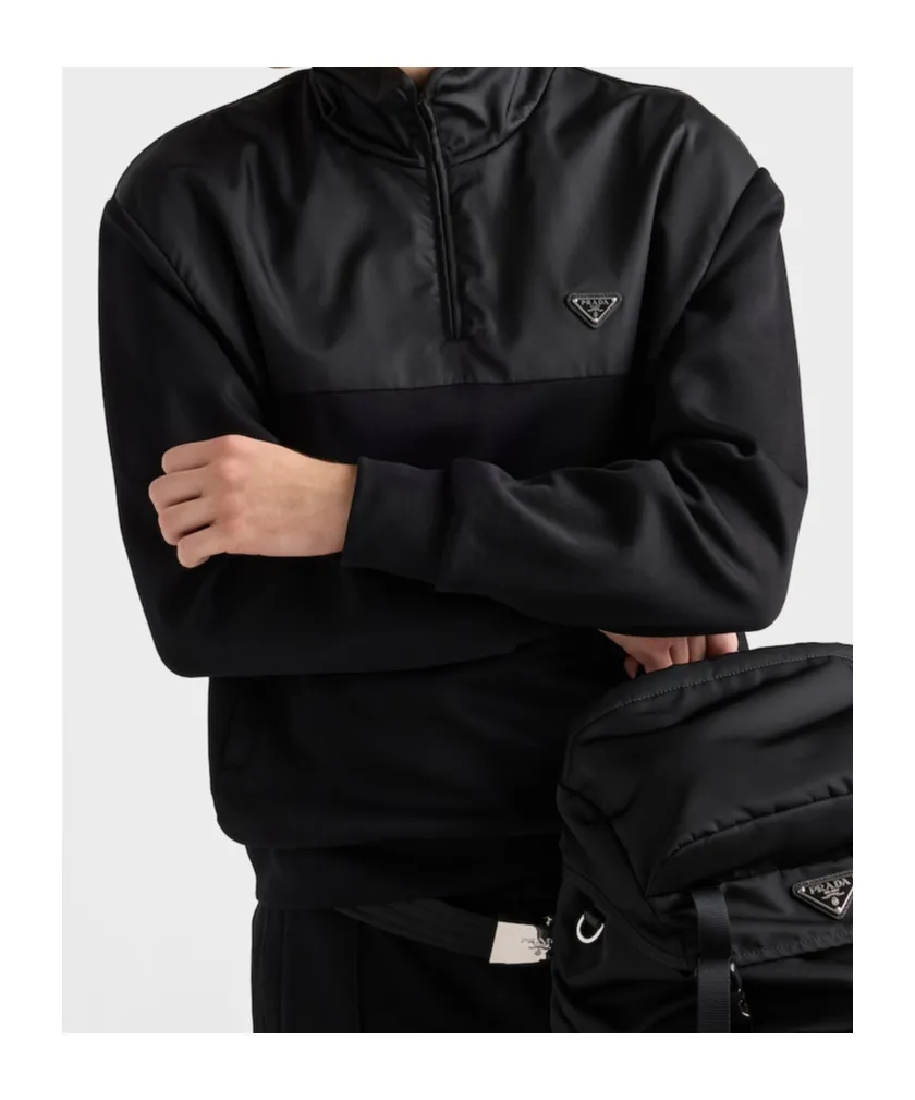 Cotton Fleece Half-Zipper Sweatshirt With Re-Nylon Details