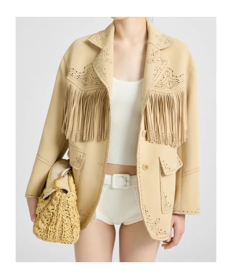 Single-Breasted Cadì Jacket With Fringes And Broguing