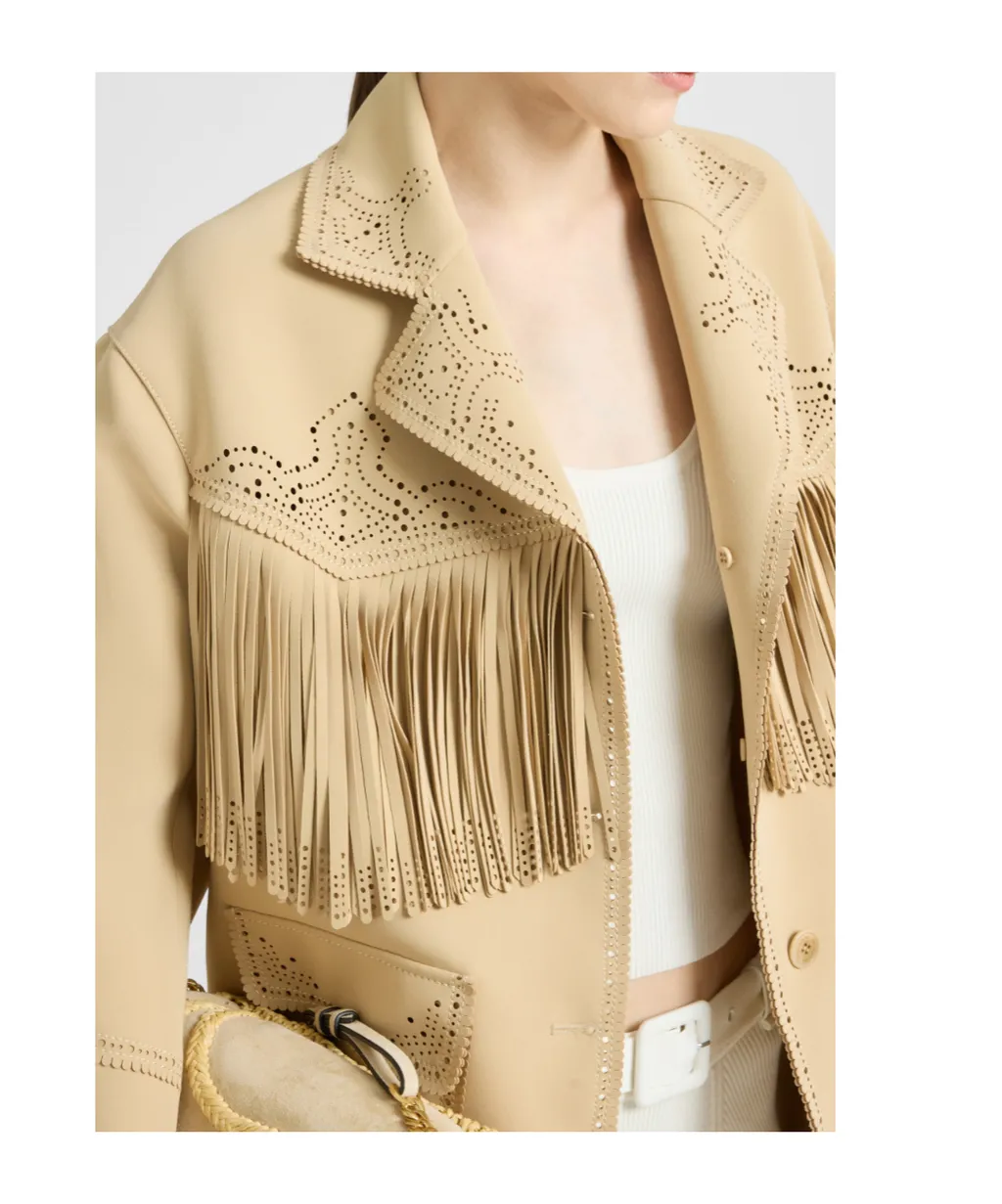 Single-Breasted Cadì Jacket With Fringes And Broguing