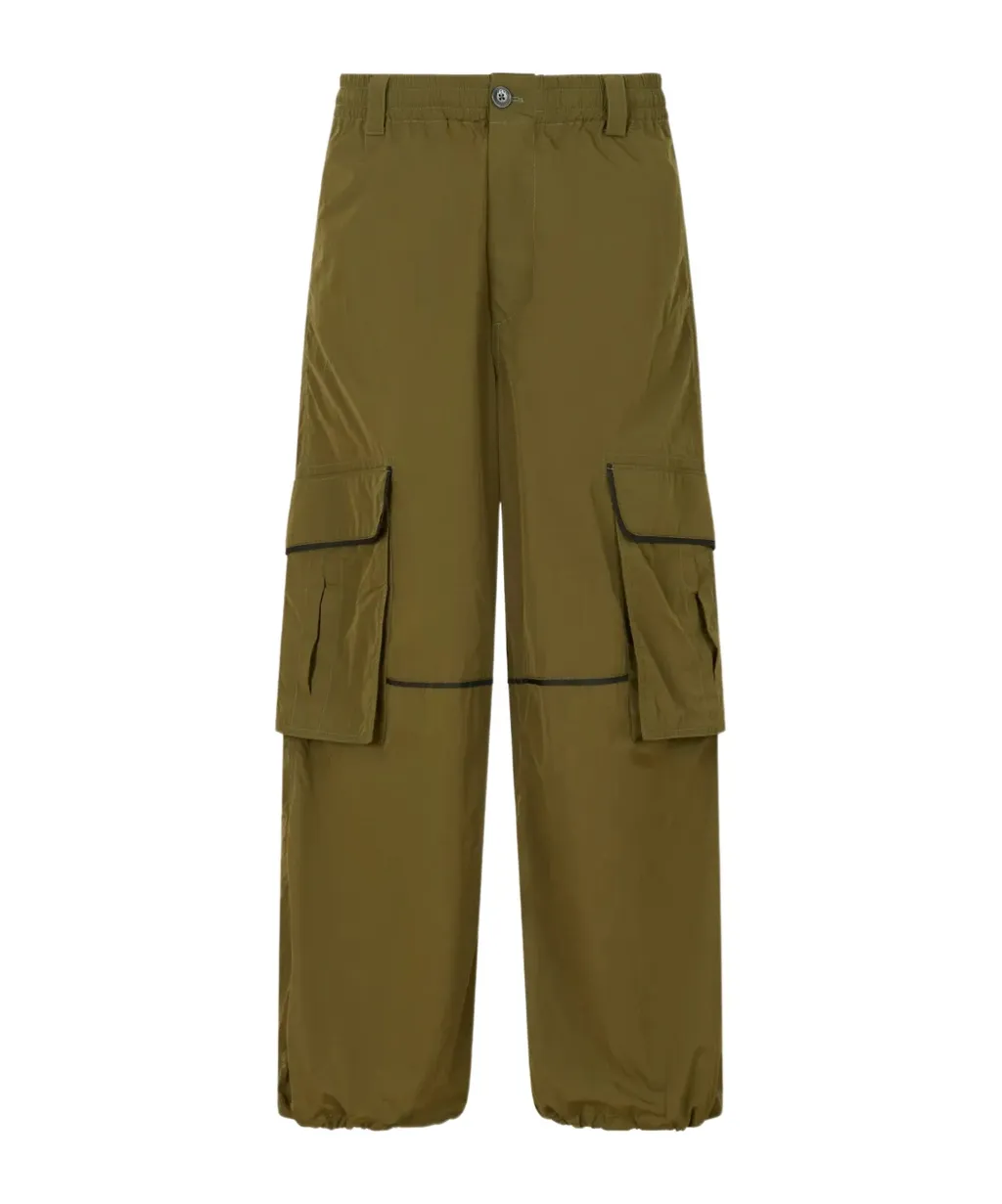 Green Crinkled Nylon Cargo Trousers With Contrast Piping