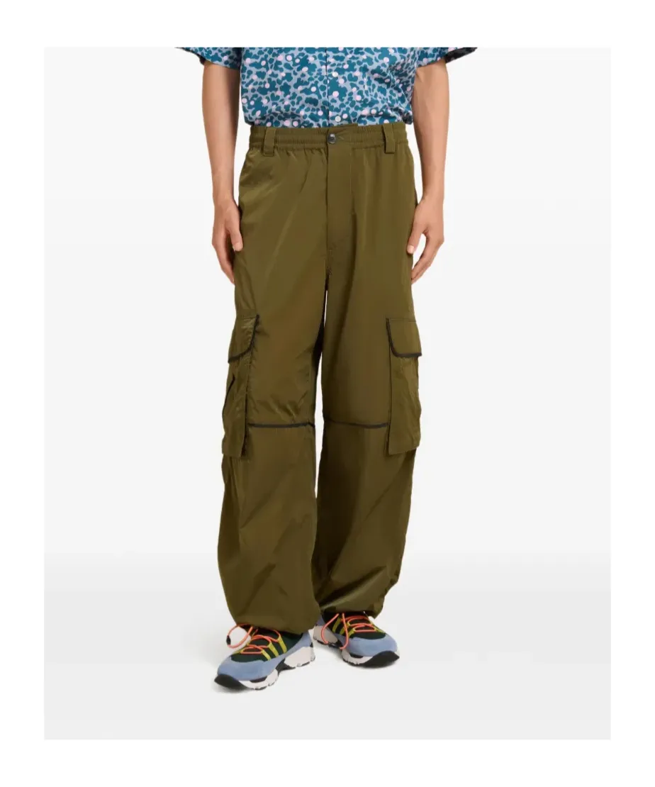 Green Crinkled Nylon Cargo Trousers With Contrast Piping