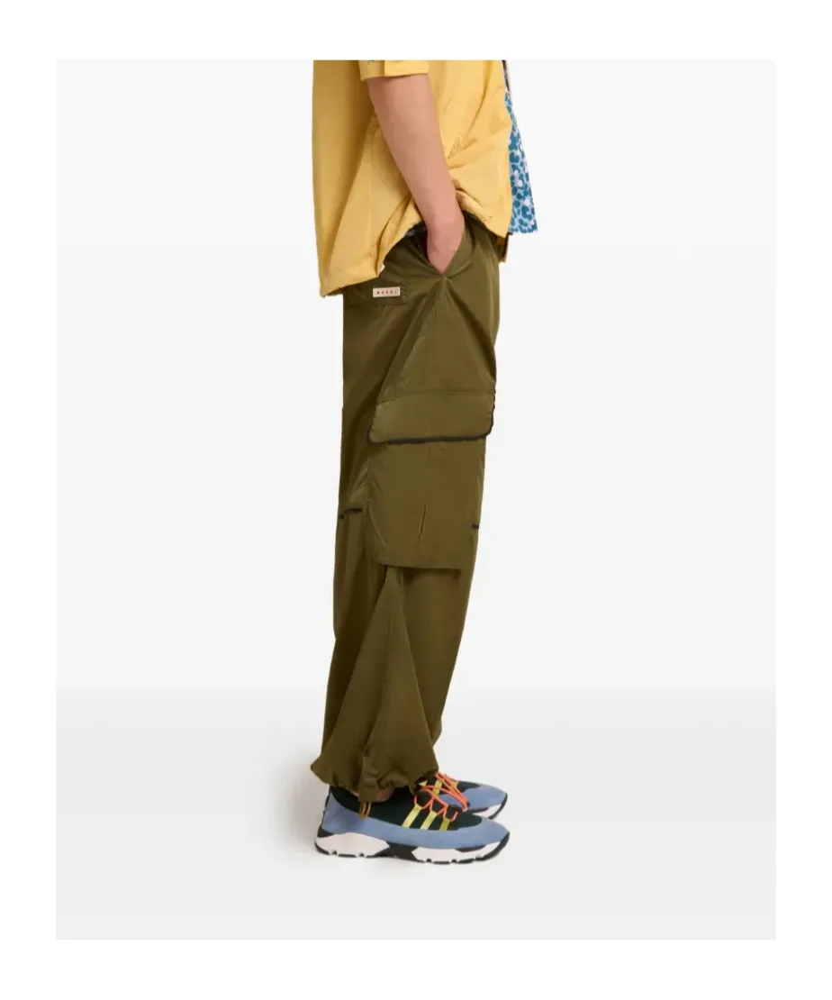 Green Crinkled Nylon Cargo Trousers With Contrast Piping