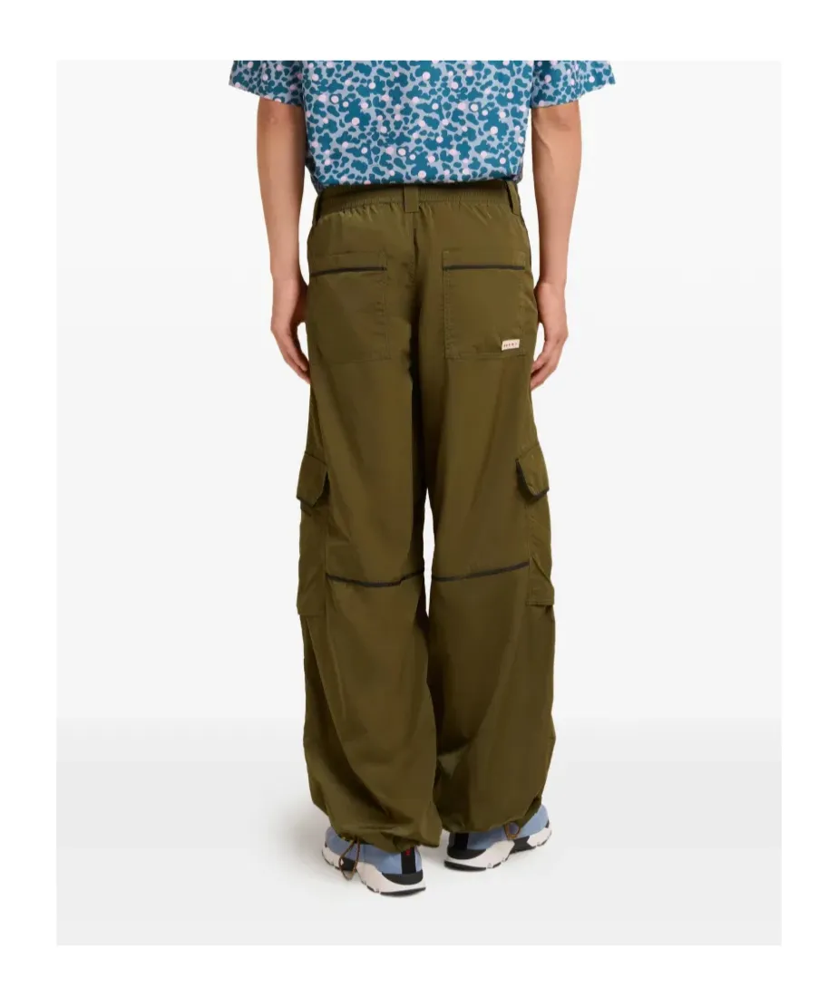 Green Crinkled Nylon Cargo Trousers With Contrast Piping