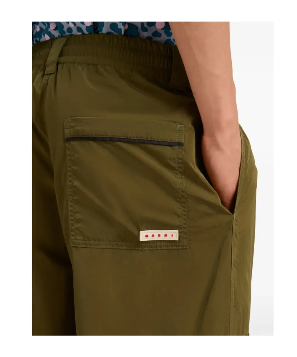 Green Crinkled Nylon Cargo Trousers With Contrast Piping
