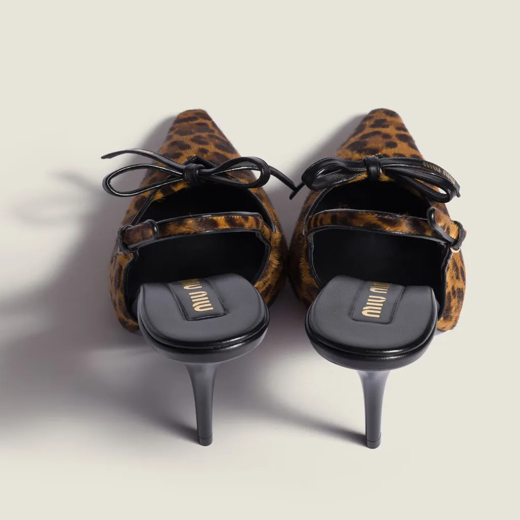 Printed Leather Slingback Pumps With Bow