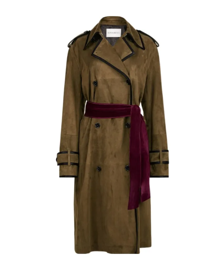 Belted Leather-Trimmed Coat