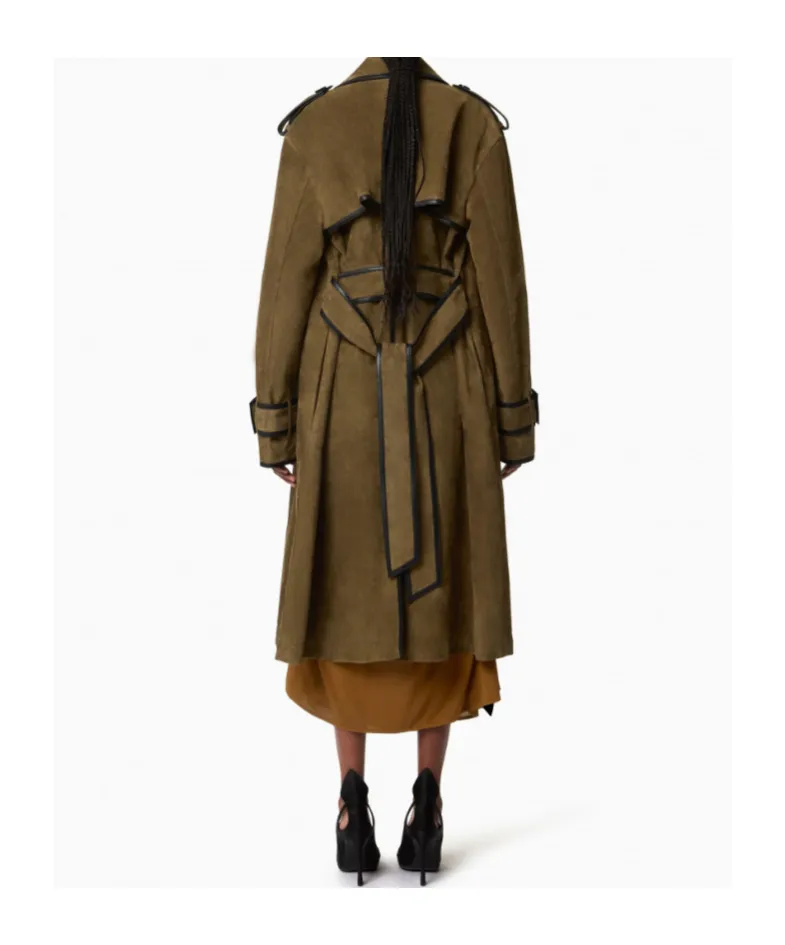 Belted Leather-Trimmed Coat