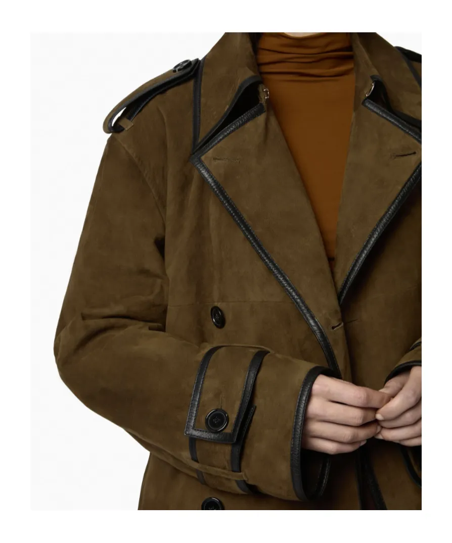 Belted Leather-Trimmed Coat