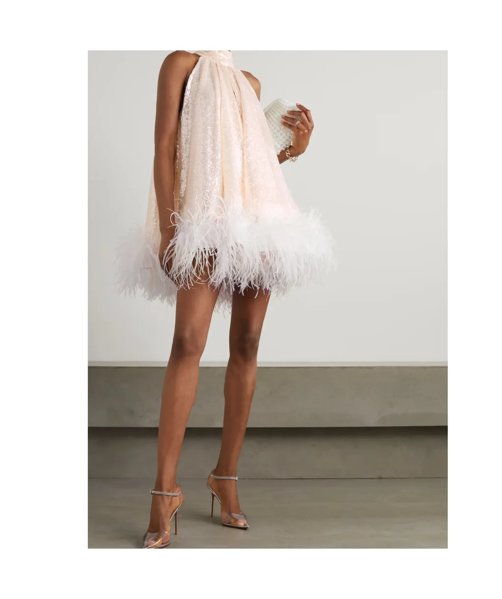 Cindy Feather-Trimmed Sequined Tulle Mini Dress