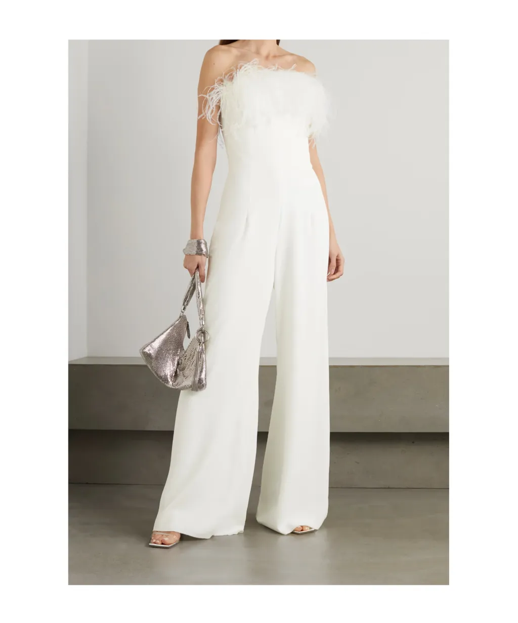 Taree Feather-Trim Strapless Jumpsuit