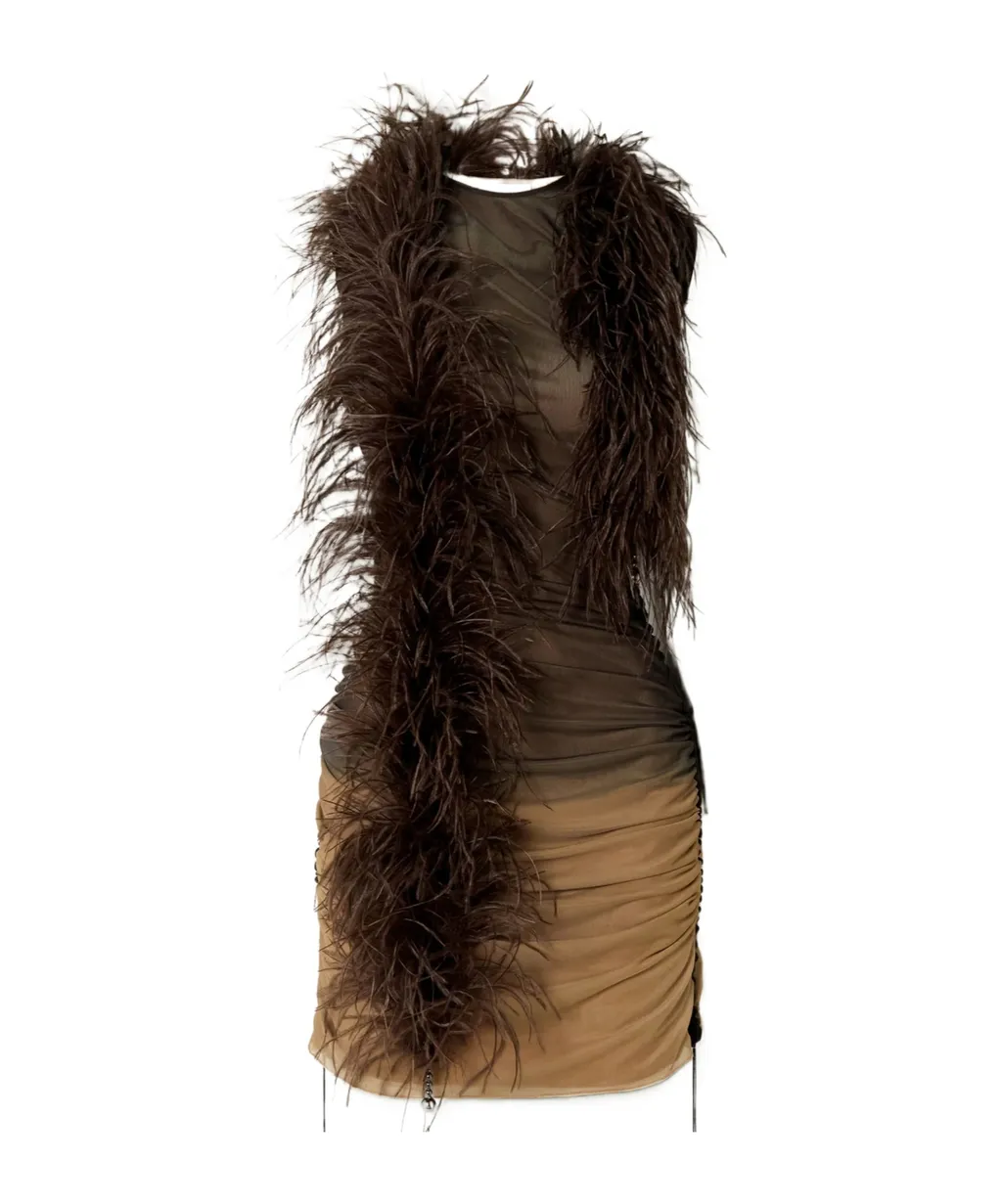 Antares Feather-Trimmed Bead-Embellished Stretch-Tulle Mini Dress