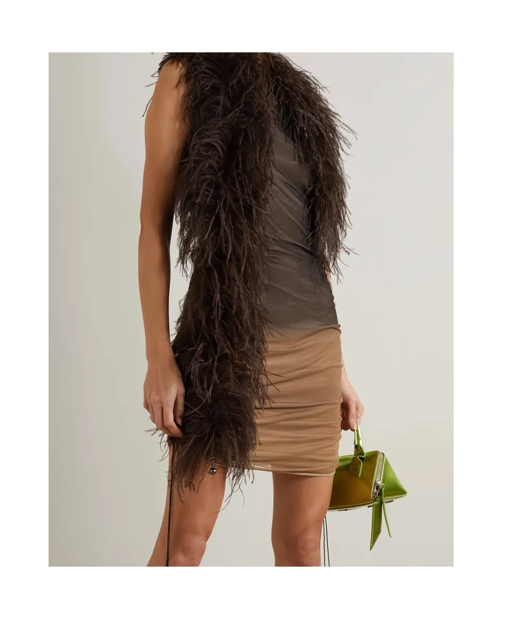 Antares Feather-Trimmed Bead-Embellished Stretch-Tulle Mini Dress