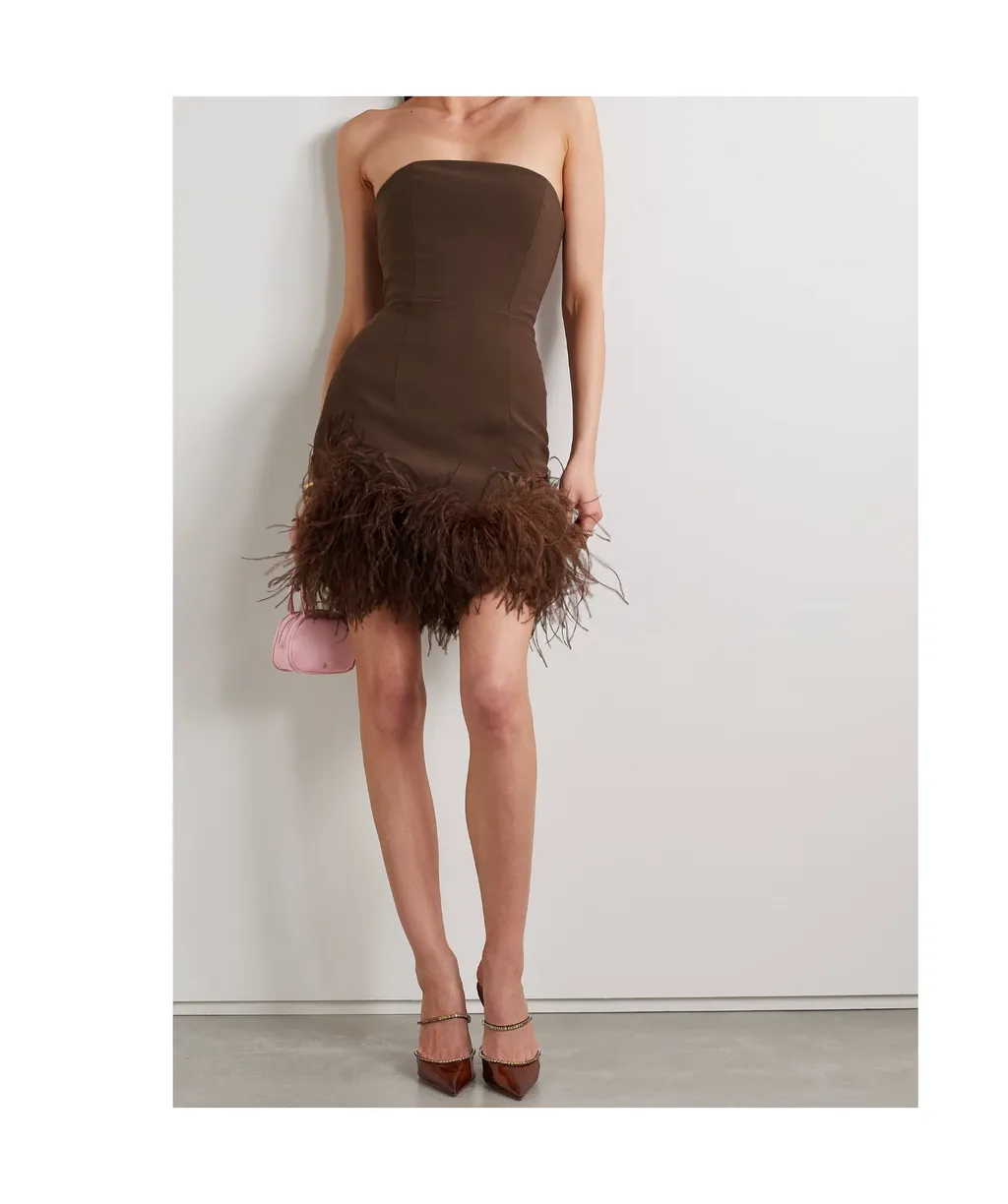 Minelli Strapless Feather-Trimmed Crepe Mini Dress