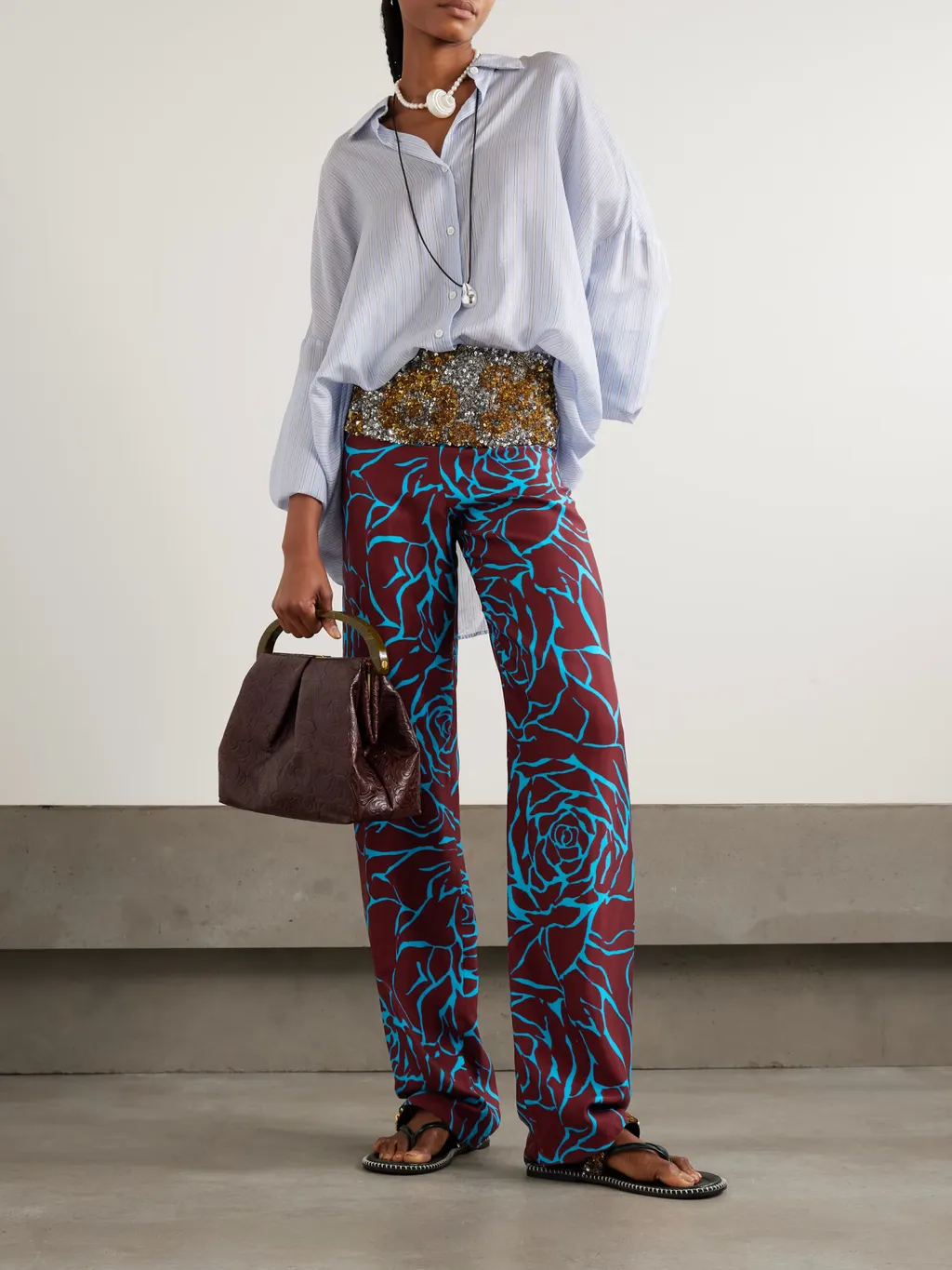 Printed Crepe Straight-Leg Casual Pants