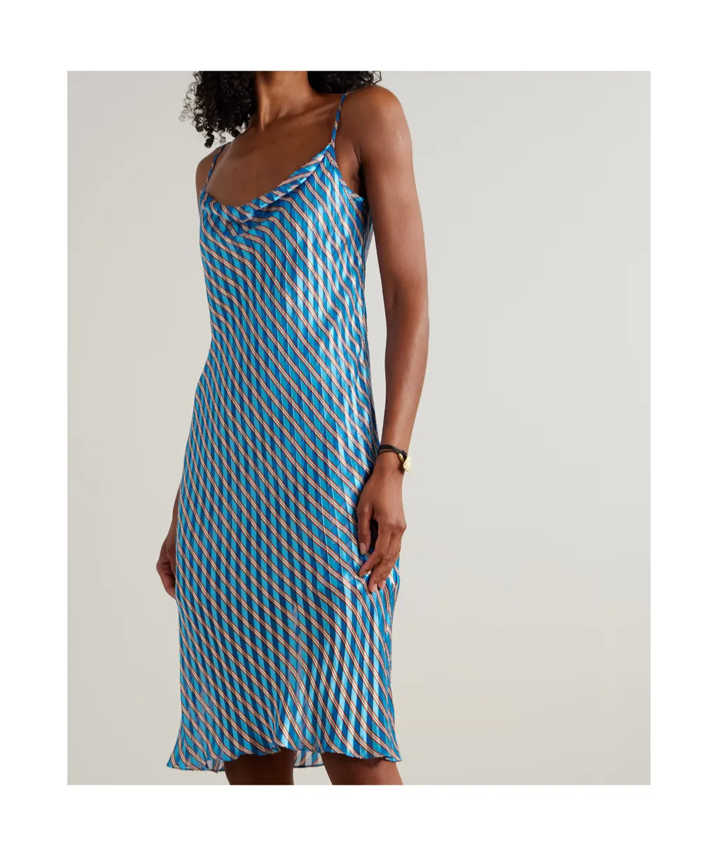 Pleated Striped Satin Chiffon Midi Dress
