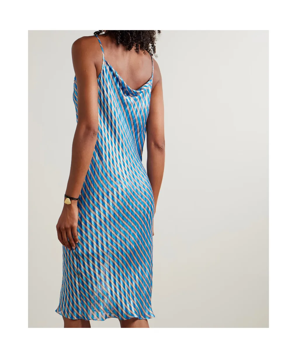 Pleated Striped Satin Chiffon Midi Dress