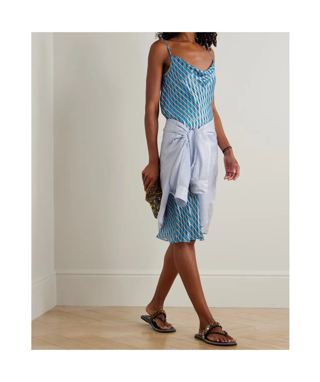 Pleated Striped Satin Chiffon Midi Dress