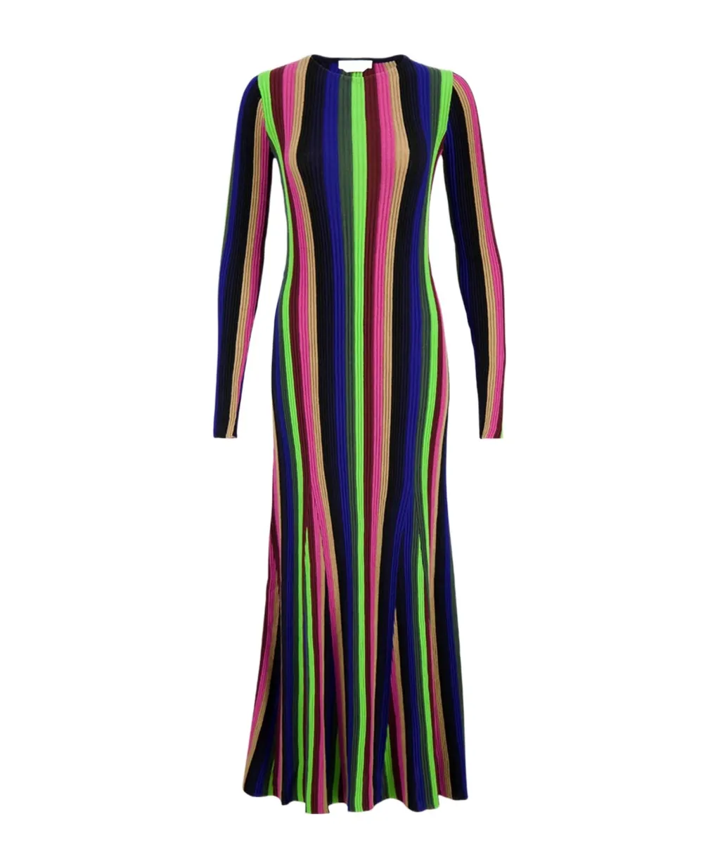 Striped-Pattern Long-Sleeve Dress