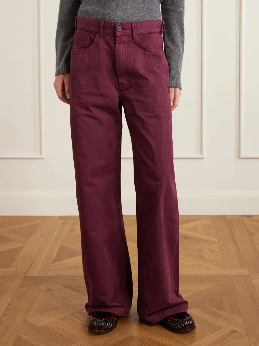 Herringbone Cotton Wide-Leg Casual Pants