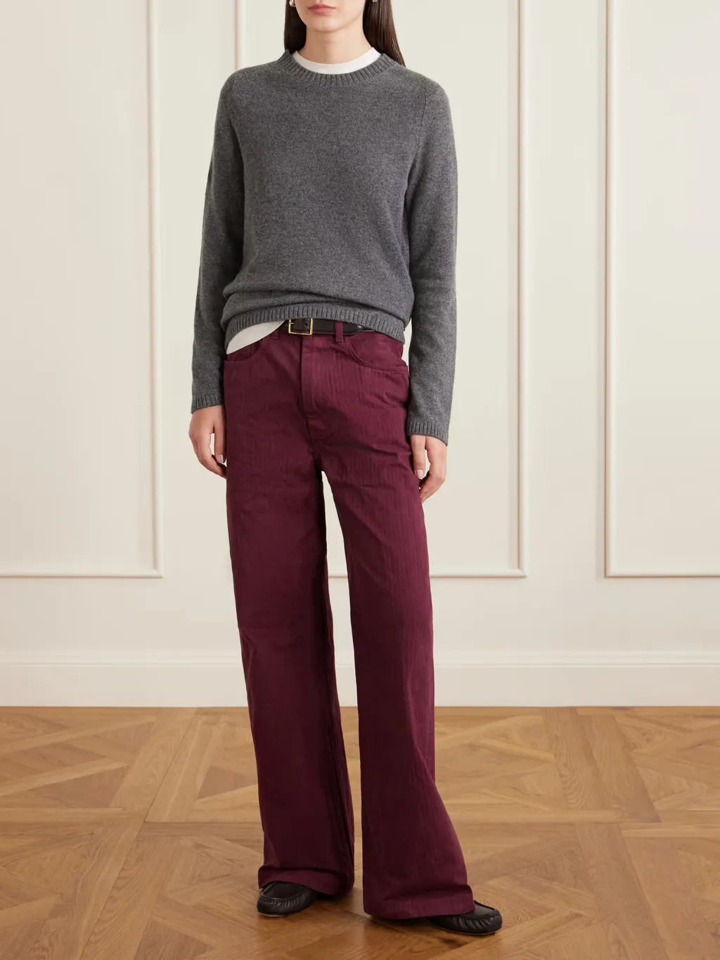 Herringbone Cotton Wide-Leg Casual Pants