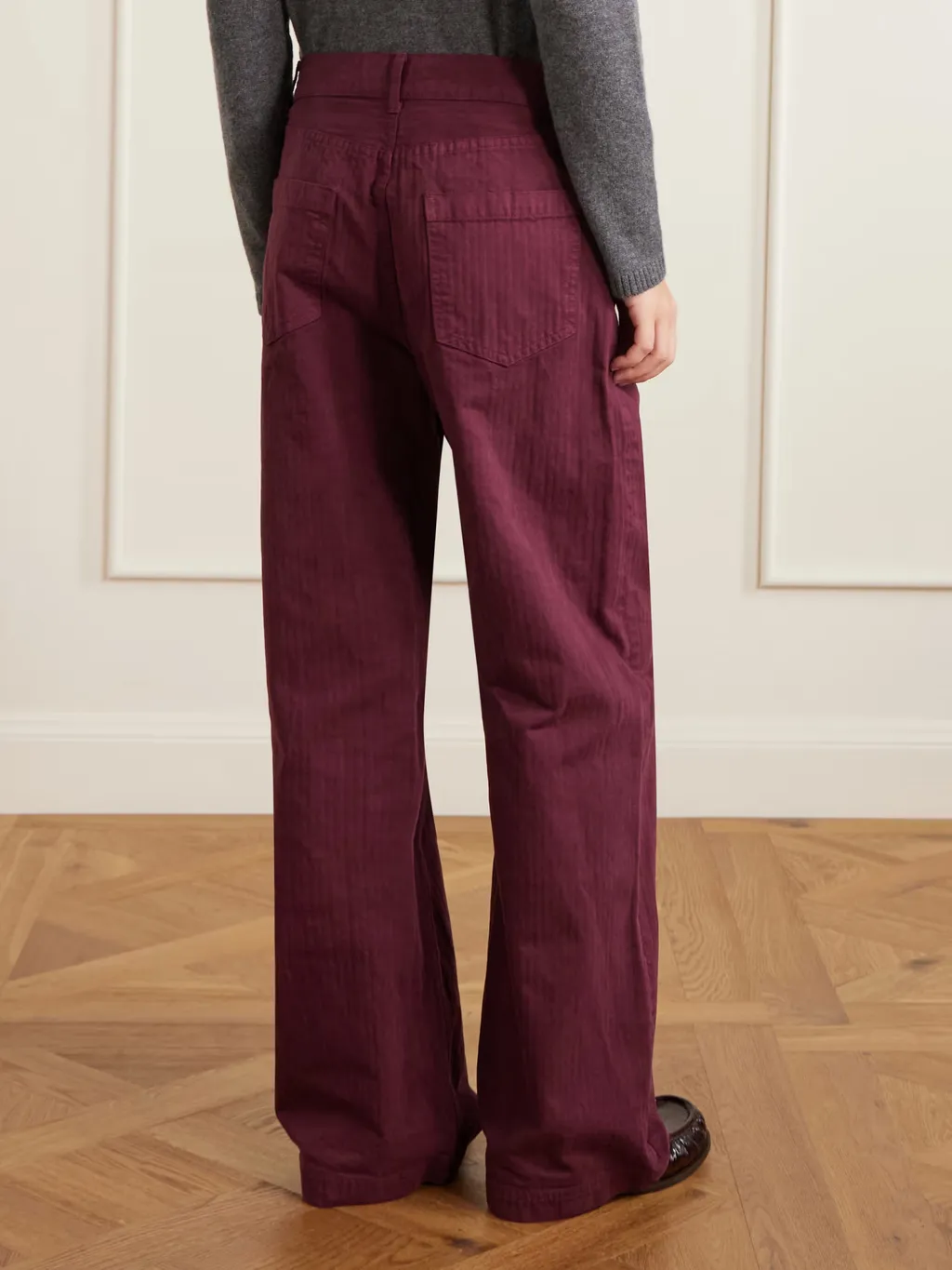 Herringbone Cotton Wide-Leg Casual Pants