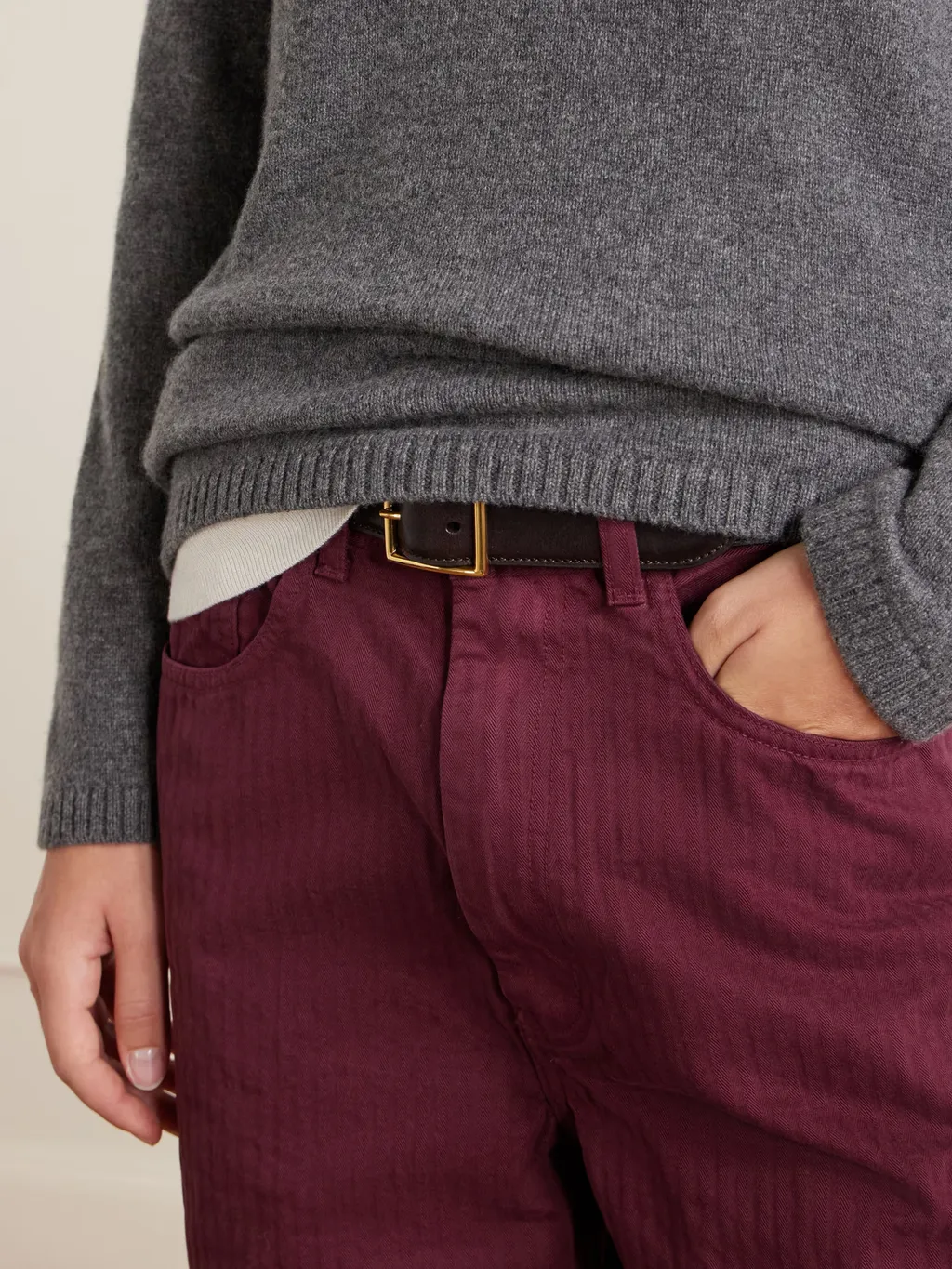 Herringbone Cotton Wide-Leg Casual Pants