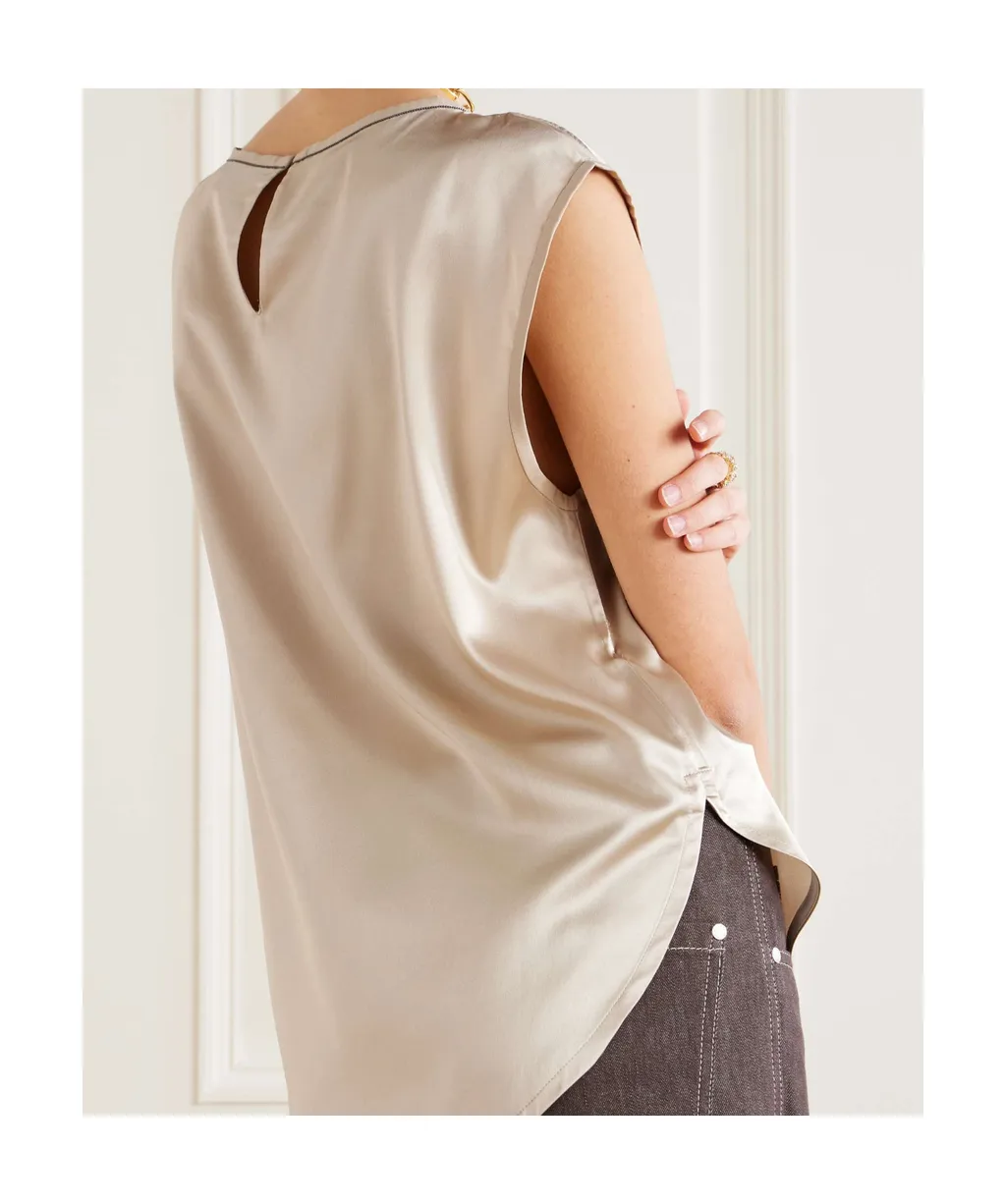 Bead-Embellished Silk-Blend Satin Top