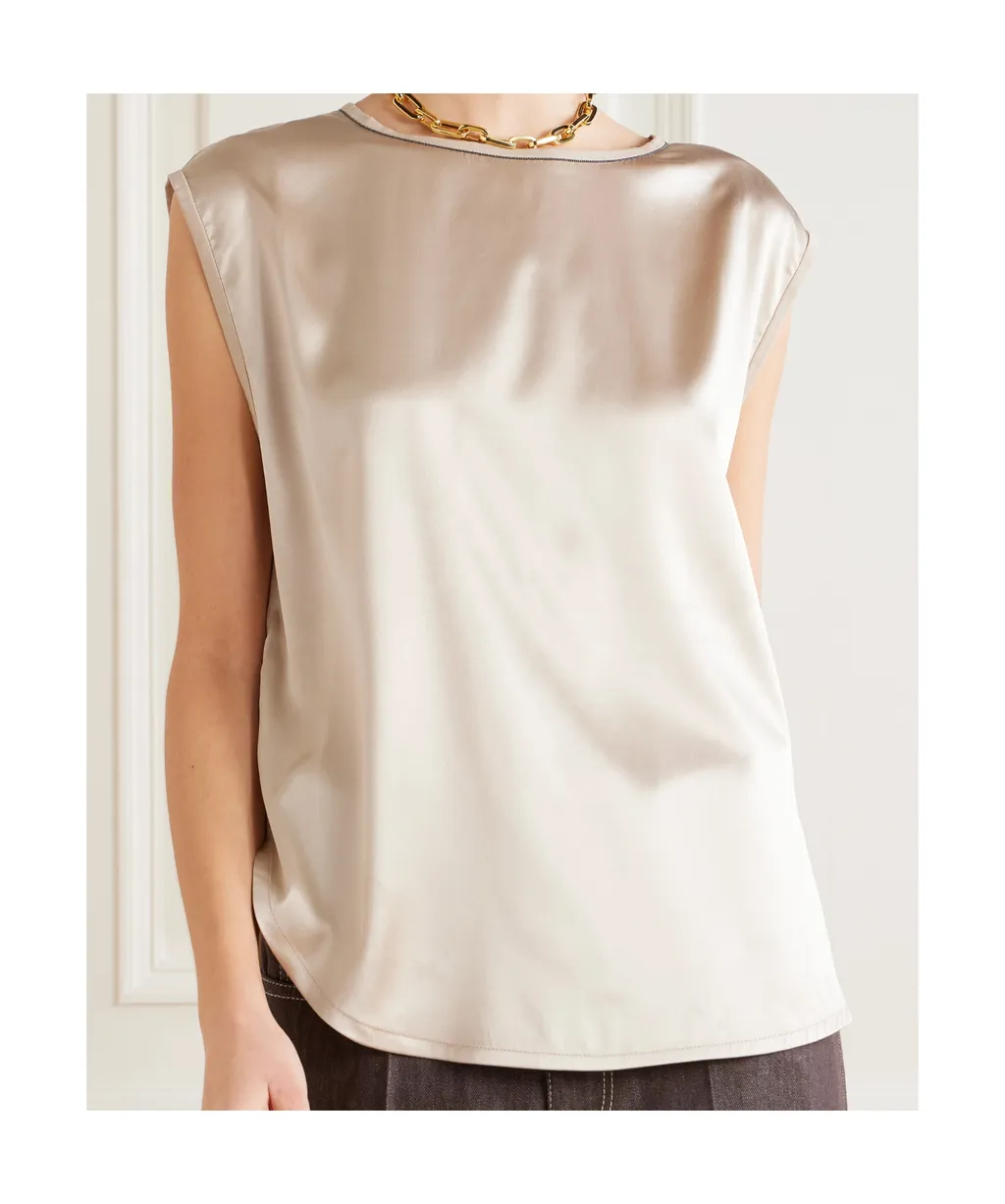 Bead-Embellished Silk-Blend Satin Top