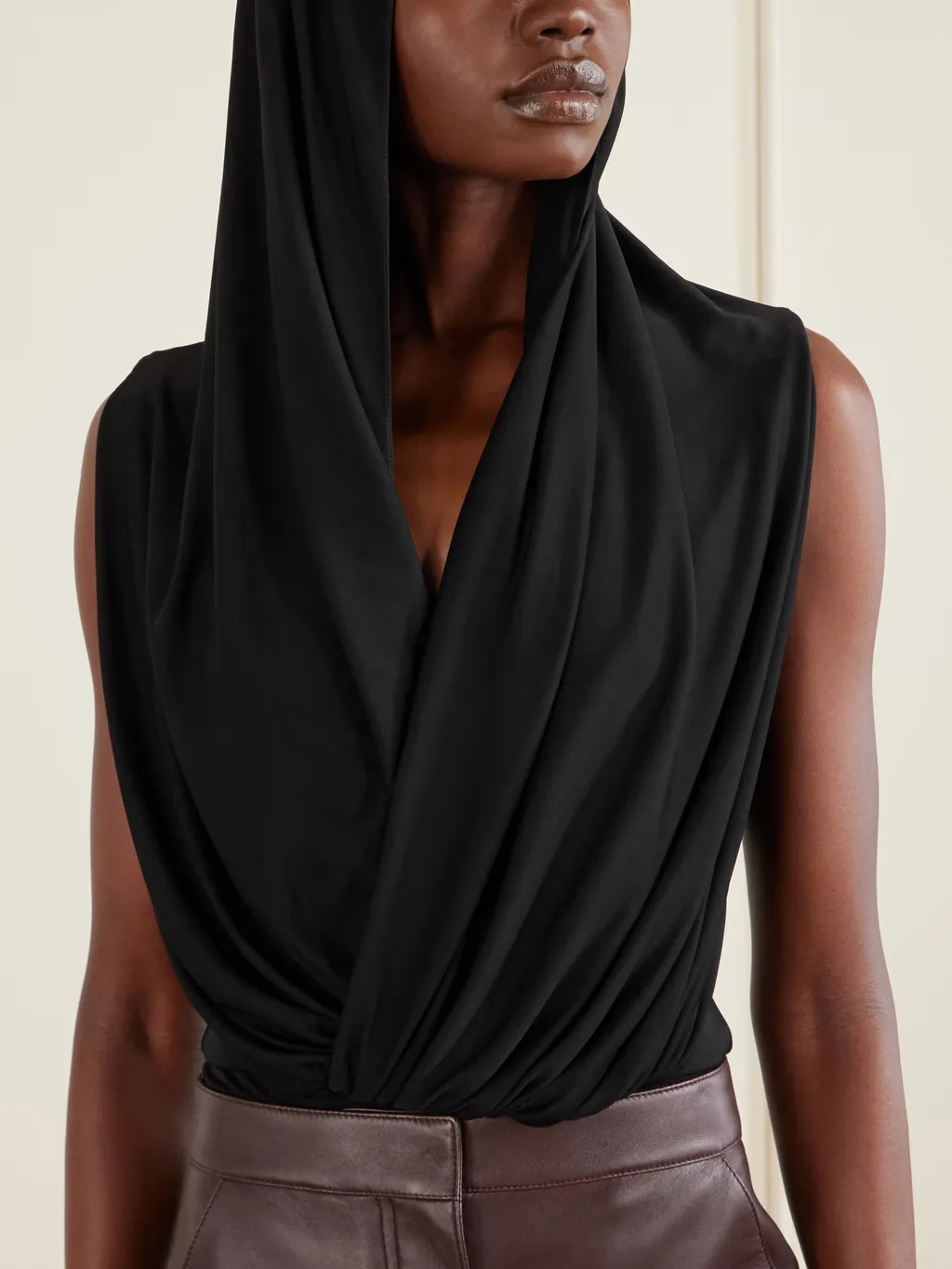 Hooded Draped Knit Bodysuit