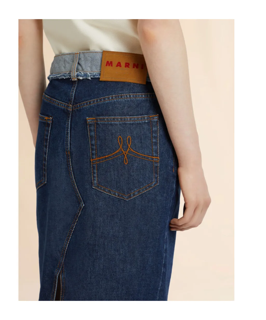 Blue Denim Inside-Out Midi Skirt