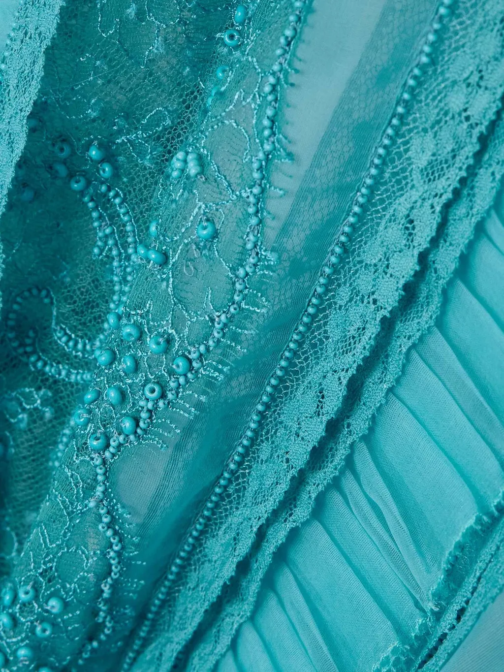 Pleated Ruffled Bead-Embellished Lace-Trimmed Silk-Organza Shirt