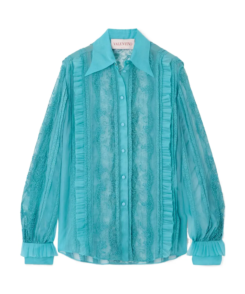 Pleated Ruffled Bead-Embellished Lace-Trimmed Silk-Organza Shirt