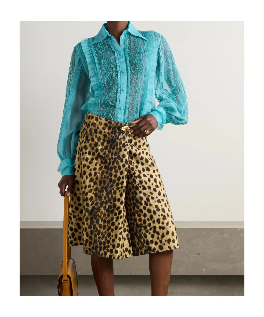 Pleated Ruffled Bead-Embellished Lace-Trimmed Silk-Organza Shirt