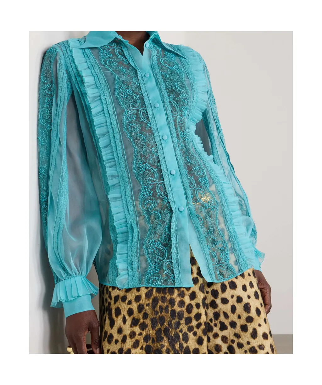 Pleated Ruffled Bead-Embellished Lace-Trimmed Silk-Organza Shirt