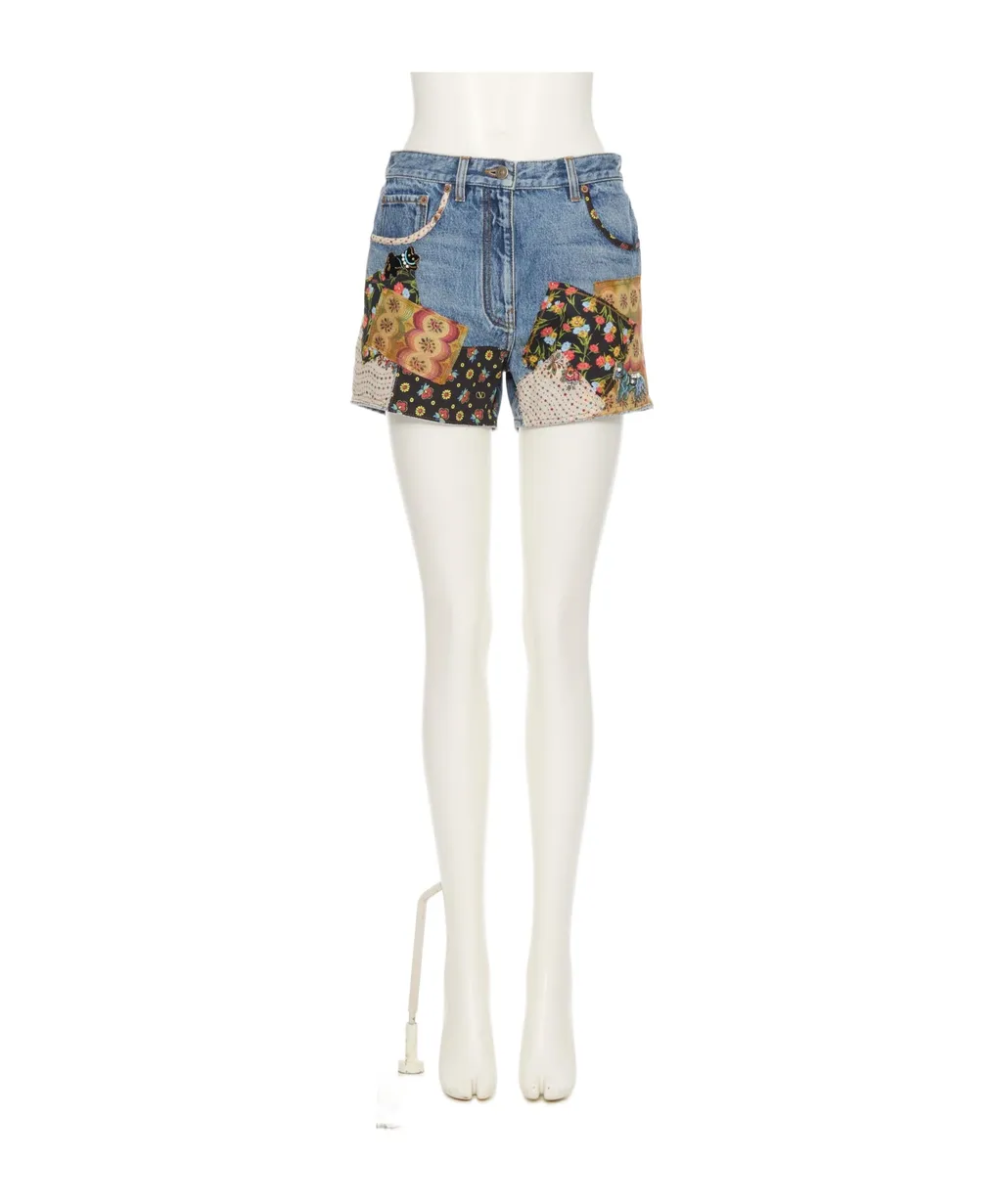 Patchwork Beaded-Appliqué Denim Shorts